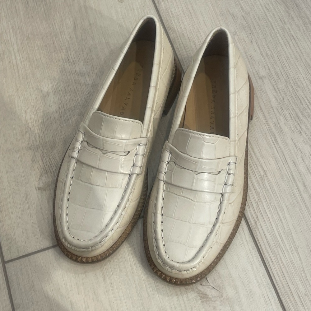 Freda Salvador Cream Croc-Embossed Leather Penny Loafers